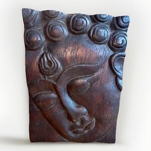 Buddha Face Wooden Hand Carved Wall Vintage Hanging Plaque Ornament Art 7" Decor